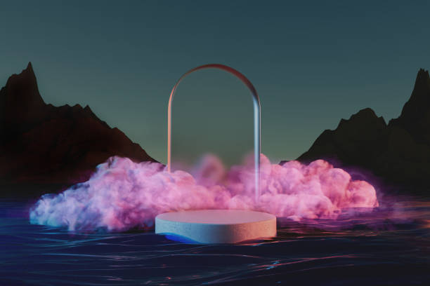 istock Landscape with glass arch and pink cloud, rocks and water. 1436100947