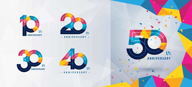Set of 10 to 50 years Anniversary logotype design, Ten to Fifty years Celebrating Anniversary Logo, Abstract Colorful Geometric Triangle for celebration event, invitation, 10, 20, 30 ,40, 50, greeting, Color Geometric Number Sign logo, Growth to Success Concept