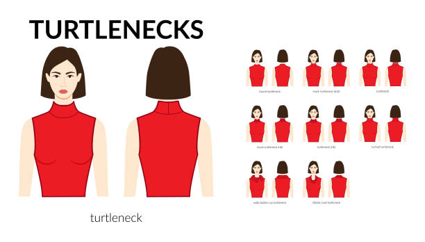 Set of necklines turtlenecks clothes sweaters, tops ribbed, knit, funnel neck technical fashion illustration with fitted body. Flat apparel template front sides. Women, men unisex CAD mockup Set of necklines turtlenecks clothes sweaters, tops ribbed, knit, funnel neck technical fashion illustration with fitted body. Flat apparel template front sides. Women, men unisex CAD mockup wedding dress back stock illustrations
