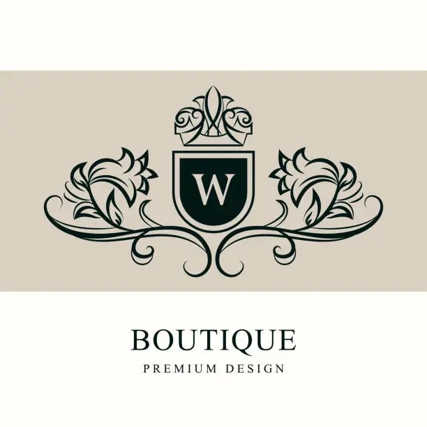 Vector illustration of Elegant Monogram with Letter W. Calligraphic Art  Logo. luxurious Drawn Emblem for Book Design, Brand Name, Business Card, Jewelry, Restaurant, Boutique. Creative Floral Template. Vector Illustration