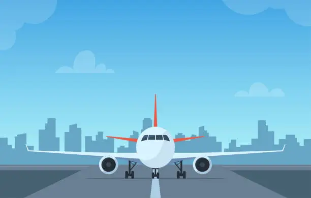 Vector illustration of Passenger airplane on runway, front view. passenger aircraft takeoff illustration. Airport with aircraft on airfield, city building silhouettes background. Vector illustration.