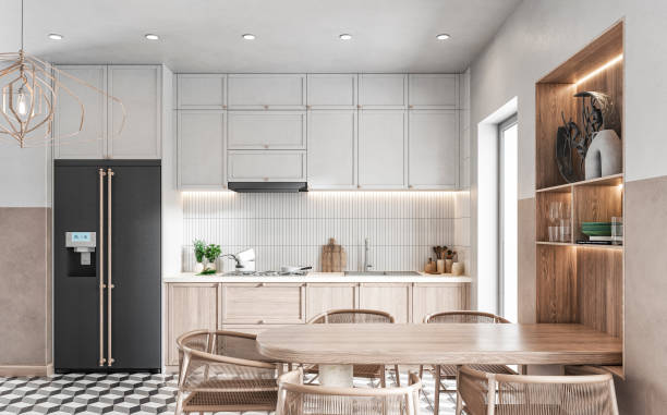 istock Modern kitchen and dining room with table and chairs on retro tiled floor 1436103194