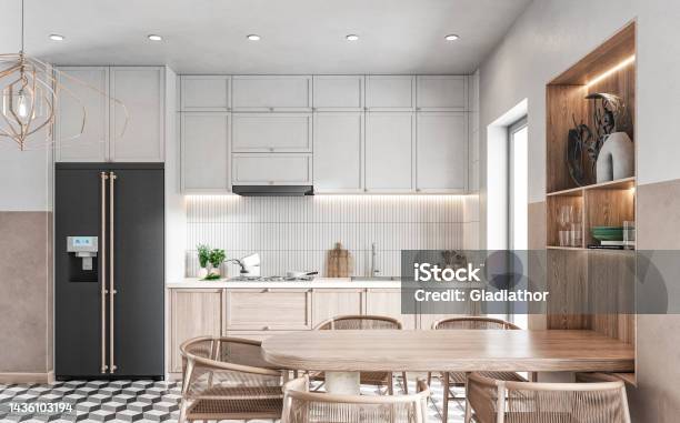 Modern Kitchen And Dining Room With Table And Chairs On Retro Tiled Floor Stock Photo - Download Image Now