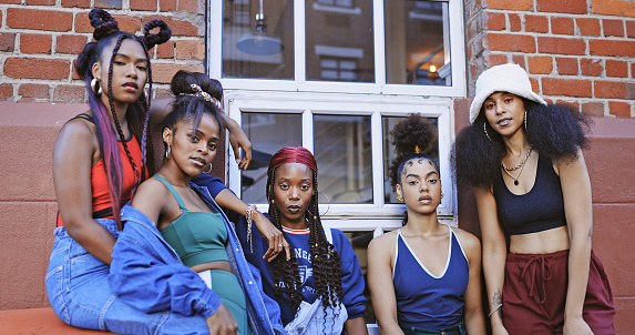 Gen z friends, portrait and urban fashion, hip hop style and young London city influencers. Hipster dance crew, black people and different women, unique beauty and african youth culture outdoor trend