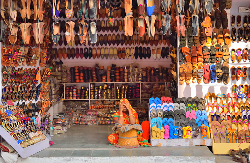 Lots of colorful Moroccan slippers. Shot taken in Medina of Marrakech.