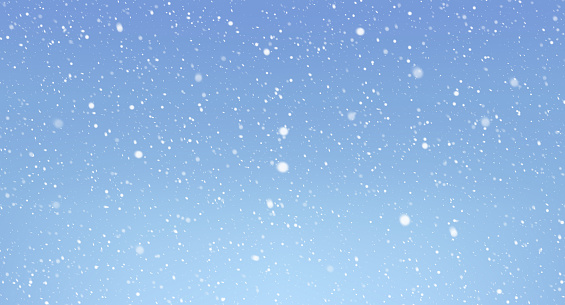 Vector heavy snowfall, snowflakes in different shapes and forms. White cold flake element on blue background. Snow flakes, snowy backdrop. White snowflakes flying in the air
