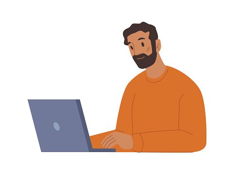 Developer or programmer working on personal computer laptop. Boss or director finishing project online in web. Cartoon character, vector in flat style