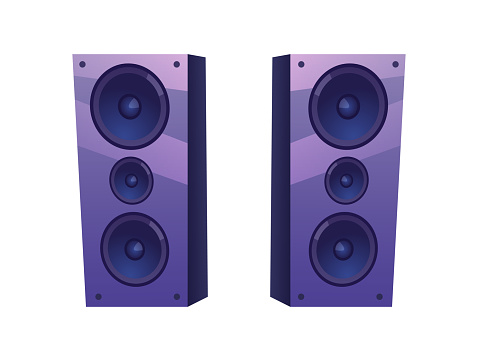 Loudspeakers for stage or concert, isolated apparatus for amplifying music waves. System for listening to sounds and compositions. Vector in flat  cartoon style
