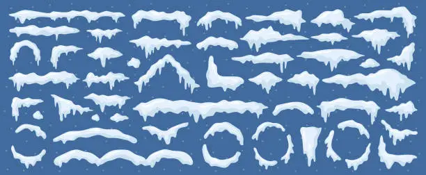 Vector illustration of Winter season frost and cold, isolated snow caps for roofs of houses and surfaces. Frames and snowy roofs, snowflakes and icicles. Vector in flat cartoon style
