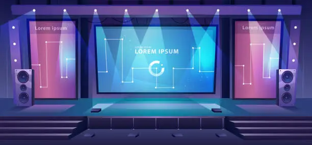 Vector illustration of Stage for performance, concert or conference. Huge screen for presentation, loudspeakers and light to accent. Raised floor or platform. Vector in flat cartoon style