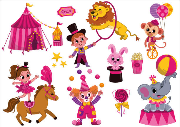 Pink Circus Fun pink circus vector illustration set for kids. cartoon joker stock illustrations