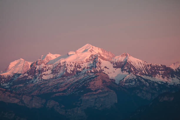 View of Mont Blanc summit from Mont Saleve, Haute-Savoie, France stock photo