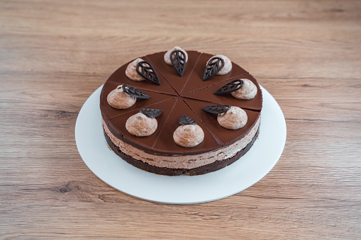 High angle shot of a home made chocolate and creamed nuts cake with elegant decorations on top of the coating, leaf shaped ornaments made of dark chocolate added to the decorations. Displayed on white ceramic serving plate.
