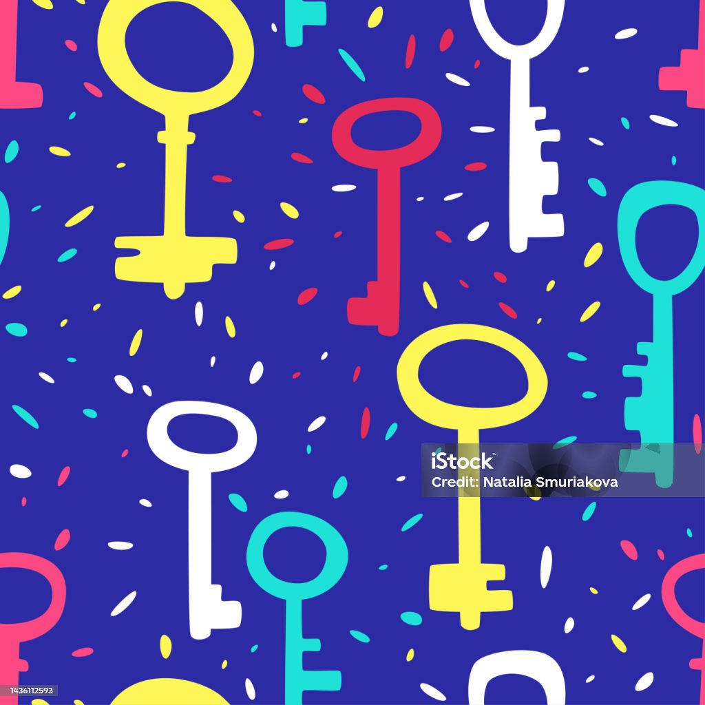 Seamless Pattern With Multicolored Keys On A Blue Background Stock ...