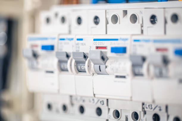 Close up circuit breakers and wire in control panel. stock photo