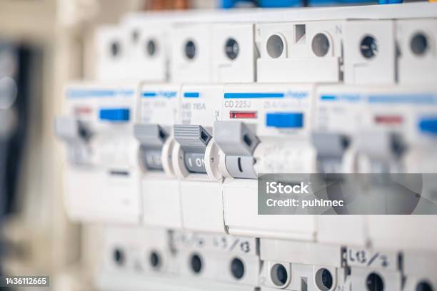 Close Up Circuit Breakers And Wire In Control Panel Stock Photo - Download Image Now