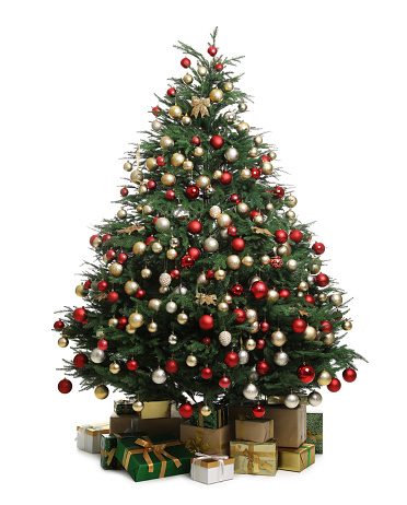 Beautifully decorated Christmas tree and gift boxes on white background