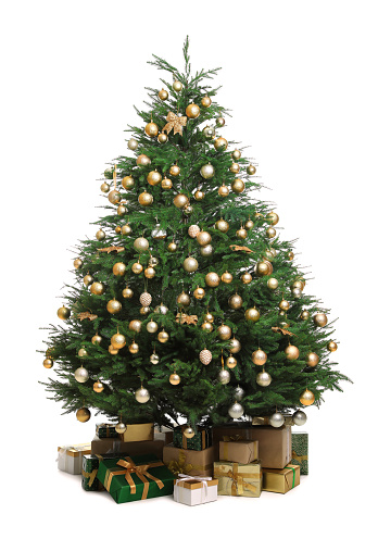 Beautifully decorated Christmas tree and gift boxes on white background