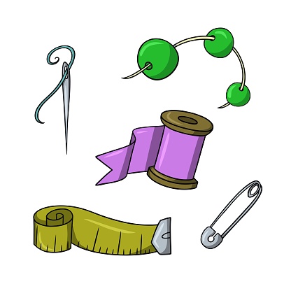 A set of colored icons, a collection of objects for needlework and making various things, a vector illustration in a cartoon style