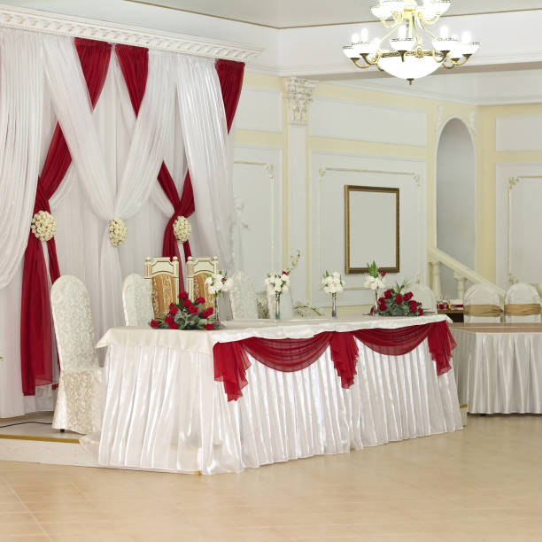 Magnificently decorated banquet hall for weddings stock photo