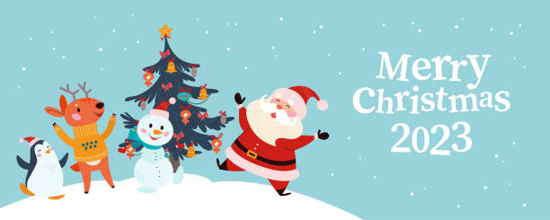 koncepcja wesołych świąt z mikołajem, zimowymi zwierzętami i gratulacjami tekstowymi. - christmas landscape invitation christmas tree stock illustrations