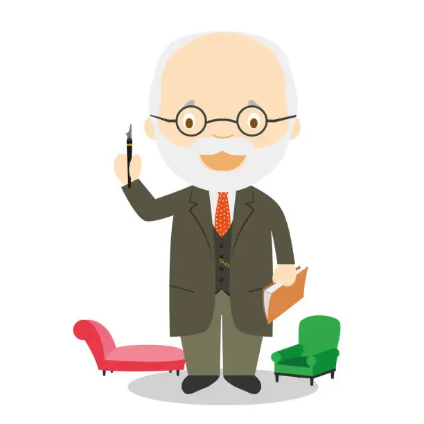 Vector illustration of Sigmund Freud cartoon character. Vector Illustration. Kids History Collection.