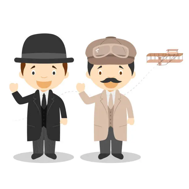 Vector illustration of Wilbur & Orville Wright cartoon character. Vector Illustration. Kids History Collection.