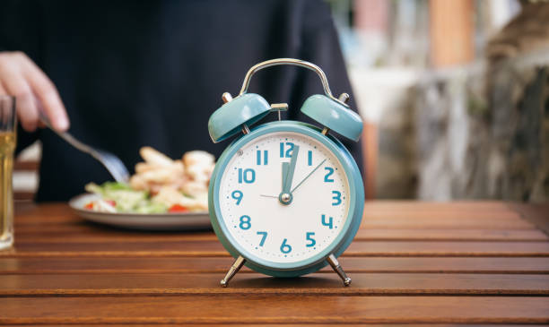 istock Close-up, alarm clock on a blurred food background. 1436120244