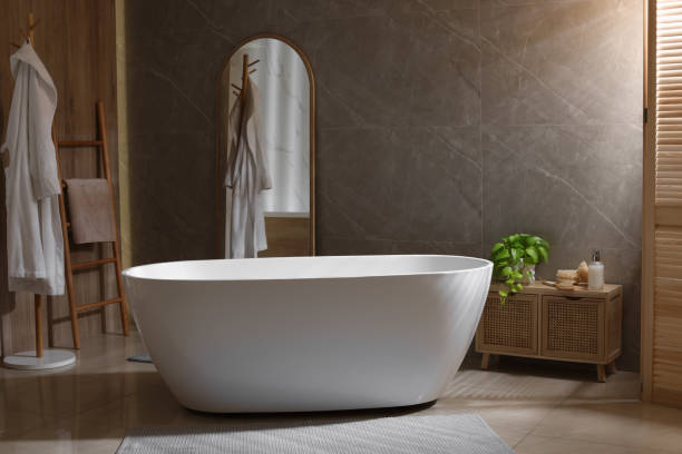 istock Stylish bathroom interior with white tub. Idea for design 1436120966