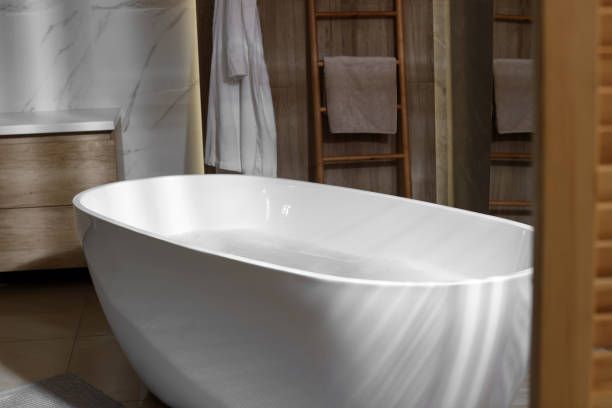 istock Stylish bathroom interior with white tub. Idea for design 1436120980