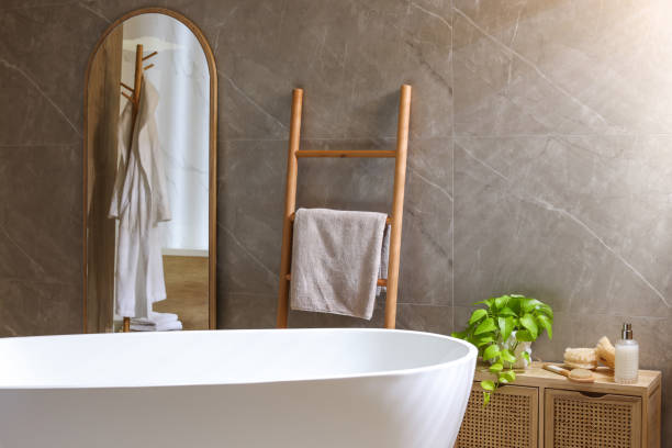 istock Stylish bathroom interior with white tub. Idea for design 1436121008