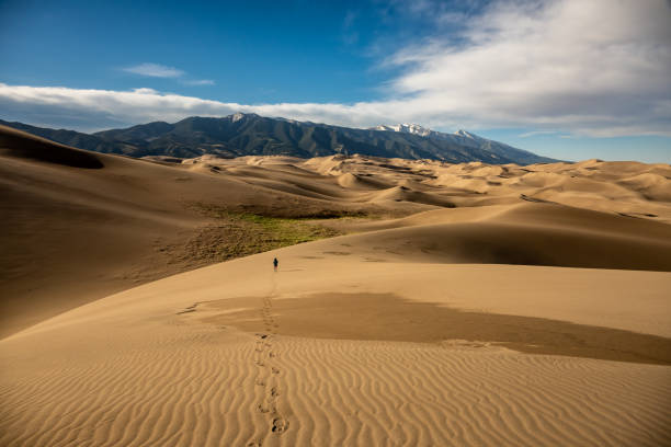 Footsteps Lead To Hiker Crossing The Sand Dunes Footsteps Lead To Hiker Crossing The Sand Dunes in Colorado great sand dunes national park stock pictures, royalty-free photos & images