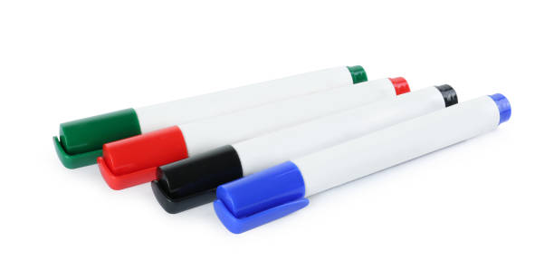istock Many colorful markers on white background. School stationery 1436122641
