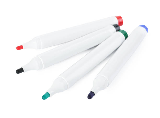 istock Many colorful markers on white background. School stationery 1436122642
