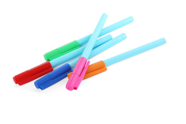 istock Many colorful markers on white background. School stationery 1436122805