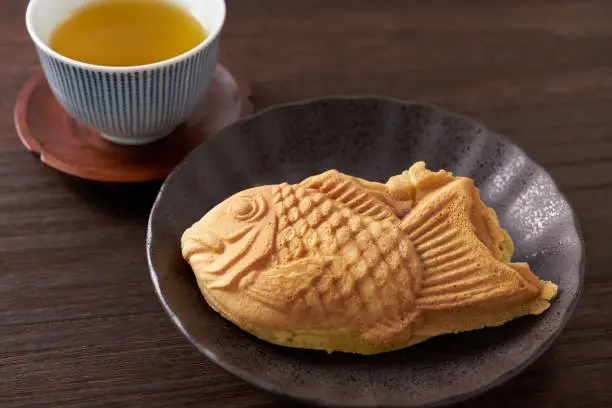 Japanese taiyaki, fish-shaped cake with sweet red bean paste