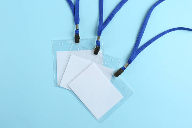 istock Blank badges on light blue background, flat lay. Mockup for design 1436123830