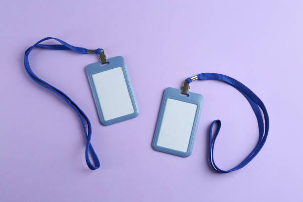 istock Blank badges on violet background, flat lay. Mockup for design 1436124014