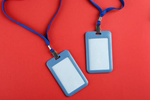 istock Blank badges on red background, flat lay. Mockup for design 1436124819