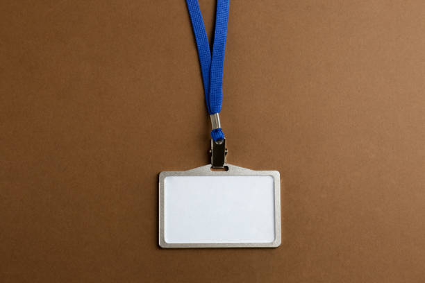 istock Blank badge on brown background, top view. Mockup for design 1436124846