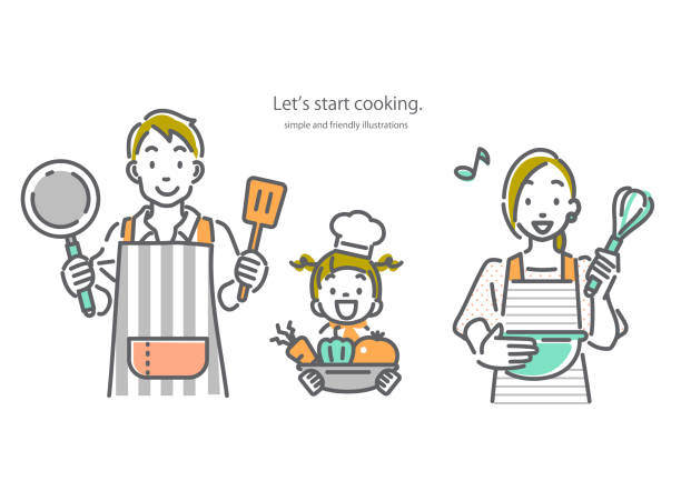 cooking together, happy family illustration cooking together, happy family illustration man doing household chores stock illustrations