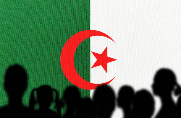 Silhouette People with Algerian Flag Family with Algerian Flag. algeria flag silhouettes stock pictures, royalty-free photos & images