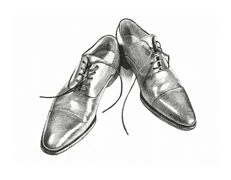 Illustration of Men's modern classic leather dress shoes on white background. Male shoes. Realistic drawing with black and white pencils. Sketch