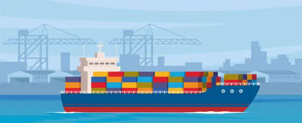 Vector illustration of Cargo ship leaves port after loading. Cargo ship with containers in the ocean. Seaport with cranes and warehouses. Cargo logistics. International cargo transportation and trade. Vector illustration.