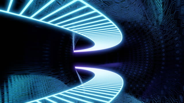 Flying through glowing neon lines creating tunnel, seamless loop. Design. Blue endless corridor.