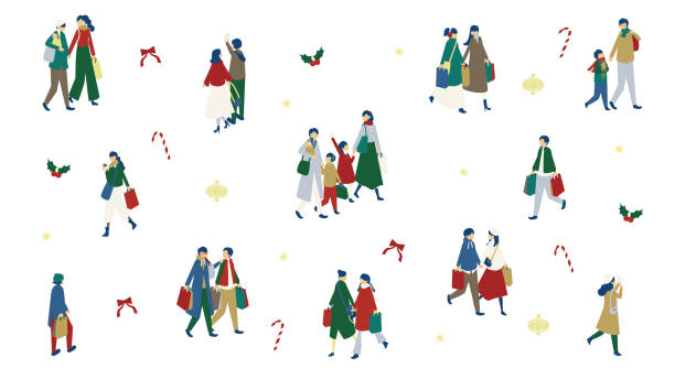 ilustraciones, imágenes clip art, dibujos animados e iconos de stock de gente disfrutando de las compras en navidad - shopping christmas women retail