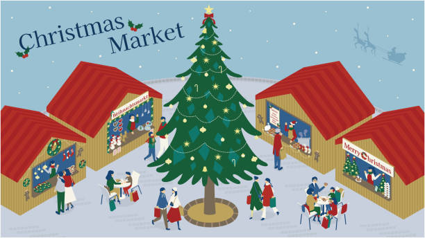 ilustraciones, imágenes clip art, dibujos animados e iconos de stock de gente disfrutando de un mercado navideño nevado - shopping christmas women retail