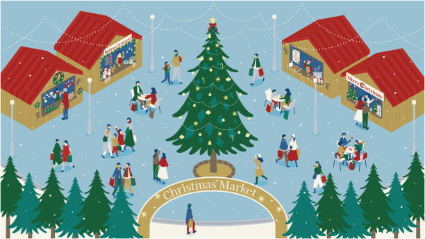 ilustrações de stock, clip art, desenhos animados e ícones de people enjoying a snowy christmas market - christmas shopping store retail