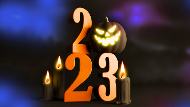 istock Happy New Year 2023 with halloween pumpking concept, 1436132947