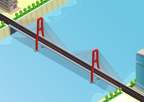 isometric of bridge cross the big river in the city